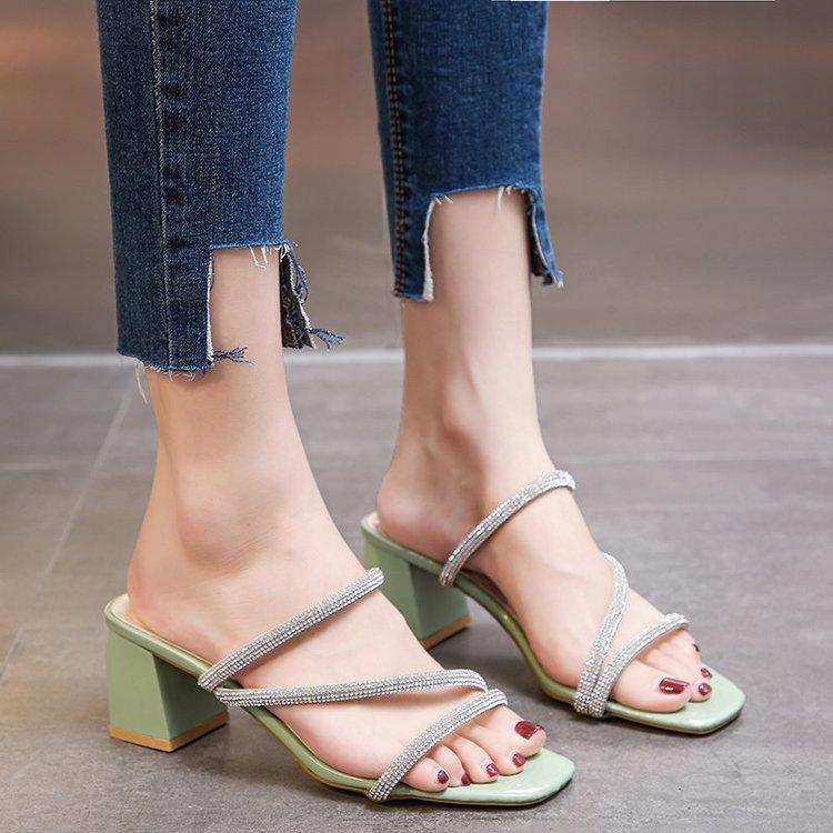 Women Open Toe Sandals Flats Large Size Fashion One-Word with Chunky Heel Sandals