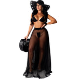 See through Pants Suit Sexy Bikini Beach Mesh Pleated Skirt