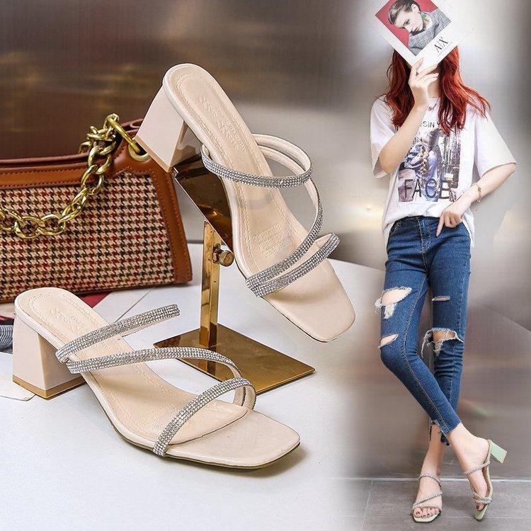Women Open Toe Sandals Flats Large Size Fashion One-Word with Chunky Heel Sandals