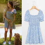 Milkmaid Square Collar Floral Print Polka Dot Dress Vintage Slim Bubble Short Sleeve Summer Dresses