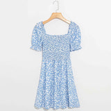 Milkmaid Square Collar Floral Print Polka Dot Dress Vintage Slim Bubble Short Sleeve Summer Dresses