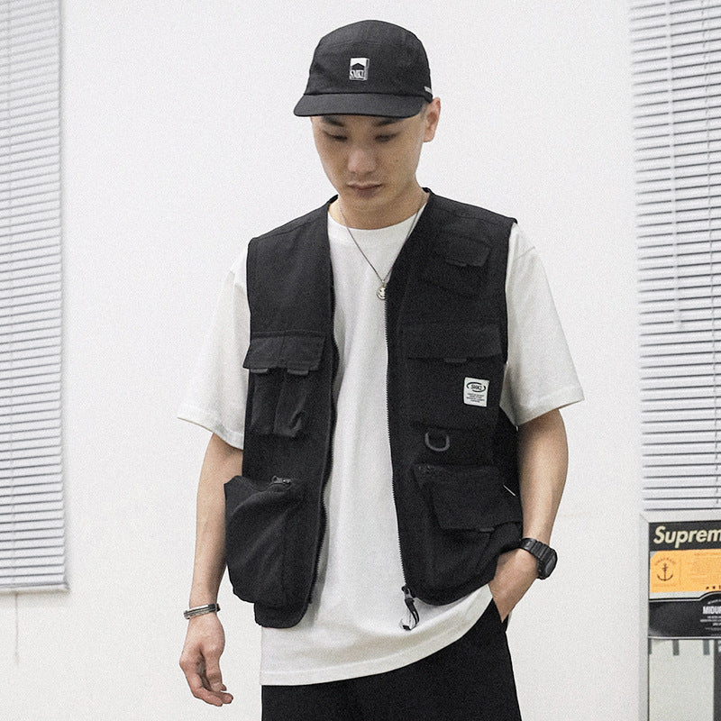 Men Sweater Vest Military Mechanical Style Multi-Pocket Workwear Vest Man Zipper Cardigan Vest Loose Sleeveless Jacket