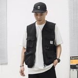 Men Sweater Vest Military Mechanical Style Multi-Pocket Workwear Vest Man Zipper Cardigan Vest Loose Sleeveless Jacket