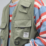 Men Sweater Vest Military Mechanical Style Multi-Pocket Workwear Vest Man Zipper Cardigan Vest Loose Sleeveless Jacket