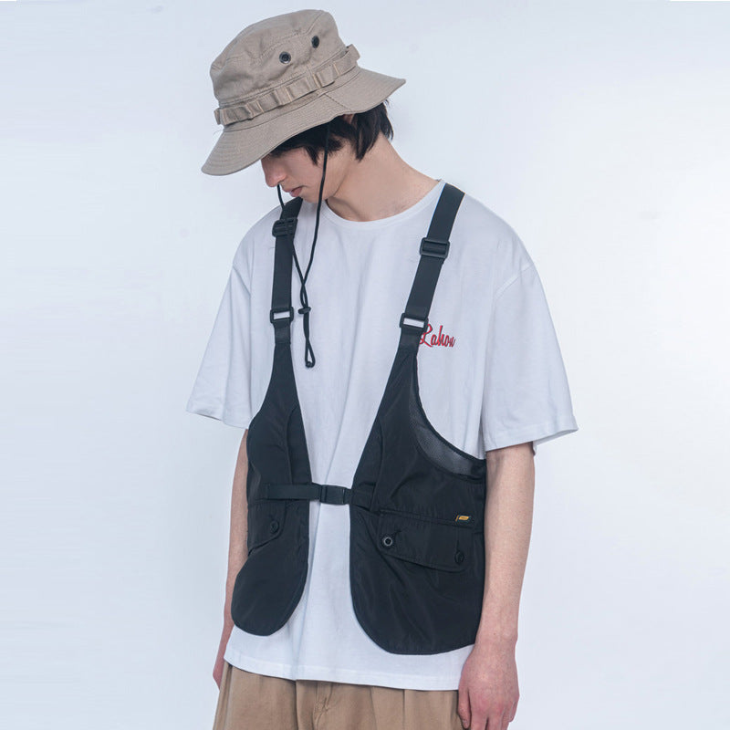 Men Sweater Vest Multi-Pocket Workwear Vest Men's Loose Mesh Stitching Adjustable Vest Sleeveless Jacket