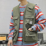 Men Sweater Vest Military Mechanical Style Multi-Pocket Workwear Vest Man Zipper Cardigan Vest Loose Sleeveless Jacket