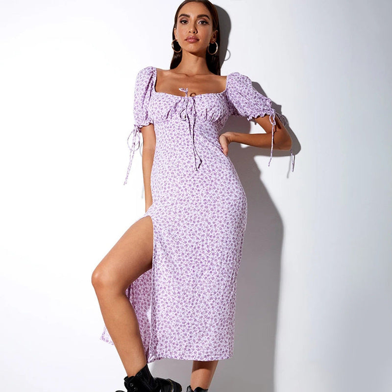 Milkmaid Aline Dress Backless Slit Long Sexy Square-Neck Lace-up Short Sleeve Floral Dress