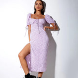 Milkmaid Aline Dress Backless Slit Long Sexy Square-Neck Lace-up Short Sleeve Floral Dress