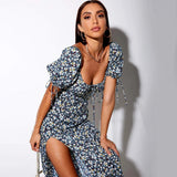 Milkmaid Aline Dress Backless Slit Long Sexy Square-Neck Lace-up Short Sleeve Floral Dress