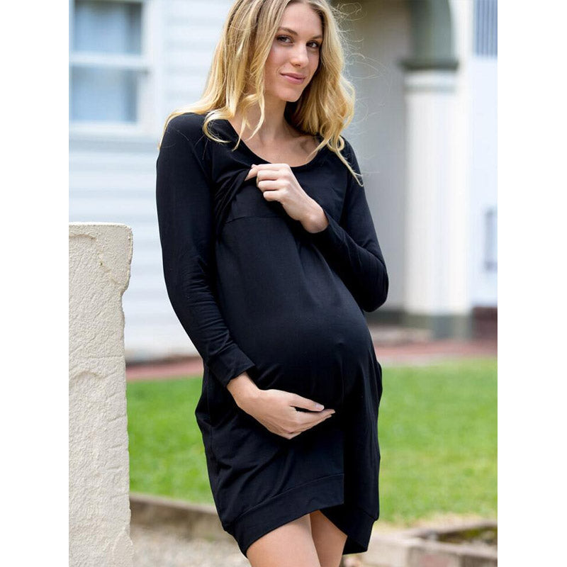 Maternity Clothes Dress round Neck Long Sleeve Solid Color Maternity Dress