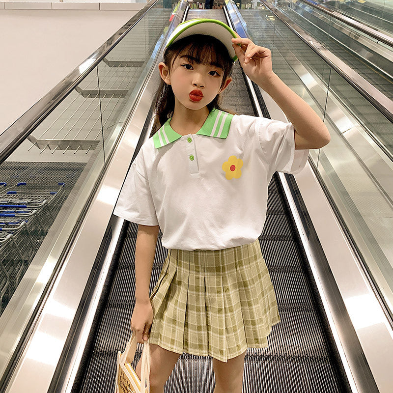 Summer Suit Plaid Pleated Skirt Short Sleeve Two-Piece Set Girl's 2 Piece Set