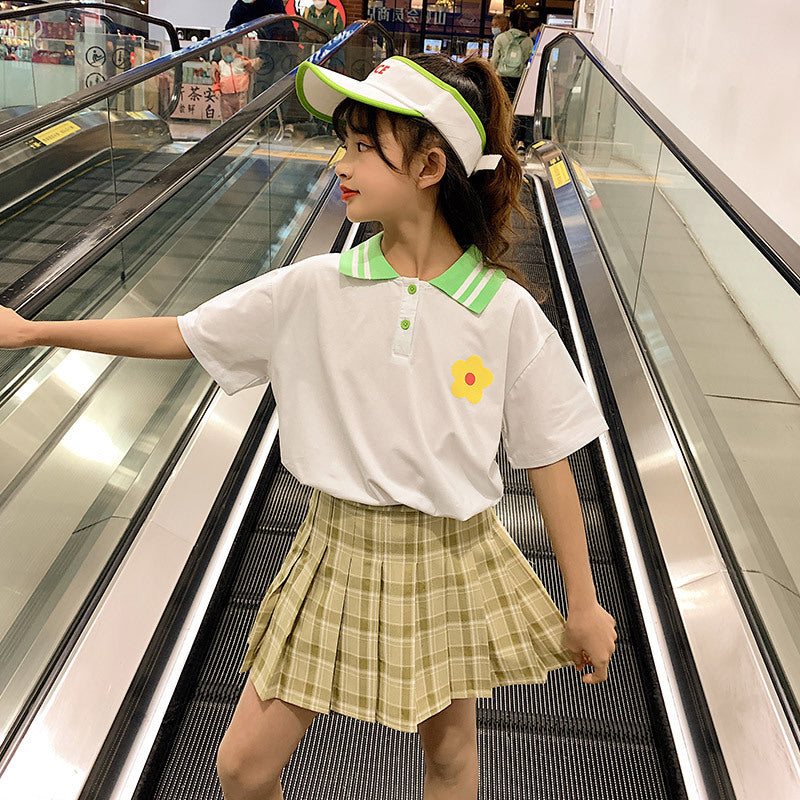 Summer Suit Plaid Pleated Skirt Short Sleeve Two-Piece Set Girl's 2 Piece Set