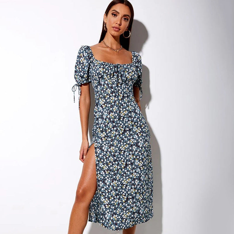 Milkmaid Aline Dress Backless Slit Long Sexy Square-Neck Lace-up Short Sleeve Floral Dress