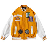 Orange Varsity Jacket Leather Sleeve Stitching Embroidered Baseball Uniform Male Stand Collar Puffer Jacket Couple Cotton Clothes
