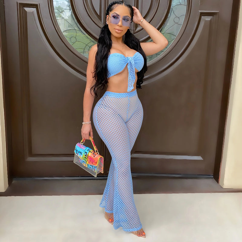 See through Pants Suit Sexy Cutout Grid Bell-Bottom Pants Two-Piece Set