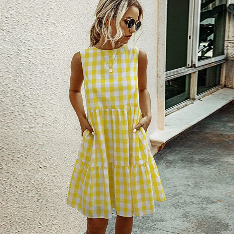 Gingham Dress Summer Fashion round Neck Plaid Loose Women's Dress