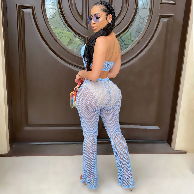 See through Pants Suit Sexy Cutout Grid Bell-Bottom Pants Two-Piece Set