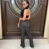 See through Pants Suit Sexy Cutout Grid Bell-Bottom Pants Two-Piece Set