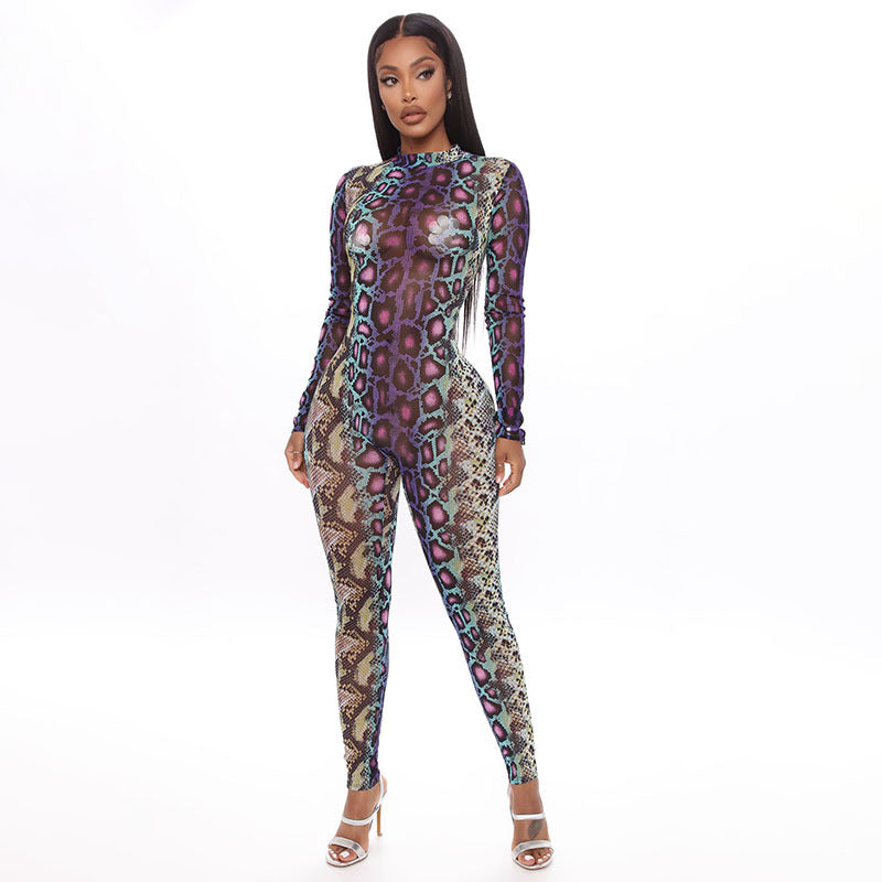Fall Women's Clothing Snake Print Long Sleeve Tight Jumpsuit One-Piece Trousers for Women