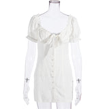 Mini Club Dresses Puff Sleeve Skirt Solid Color Cotton and Linen Dress