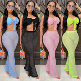 See through Pants Suit Sexy Cutout Grid Bell-Bottom Pants Two-Piece Set