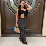 See through Pants Suit Sexy Cutout Grid Bell-Bottom Pants Two-Piece Set