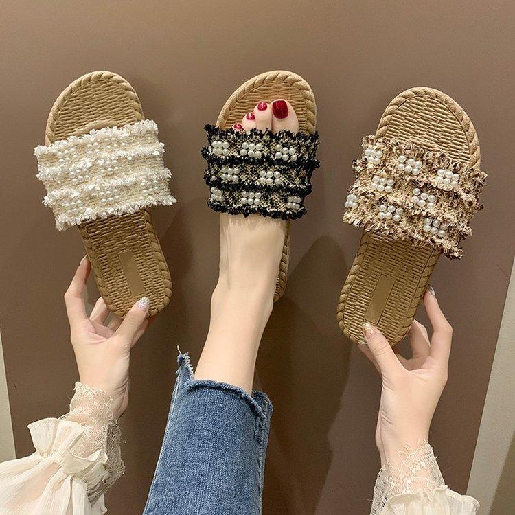 Women Open Toe Sandals Flats Summer Plaid Pearl Flat Heel Fashion Sandals