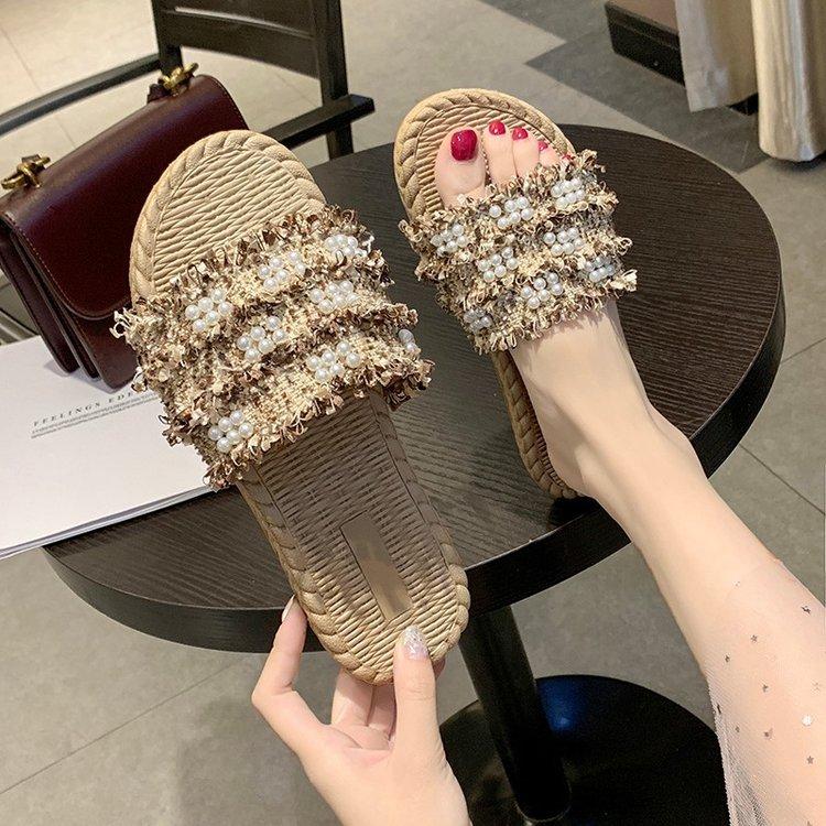 Women Open Toe Sandals Flats Summer Plaid Pearl Flat Heel Fashion Sandals