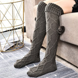 Winter Thick Knit Thigh High Socks Long Stockings Boot Knitted Long Socks Wool Ball Socks Knee Socks Solid Color