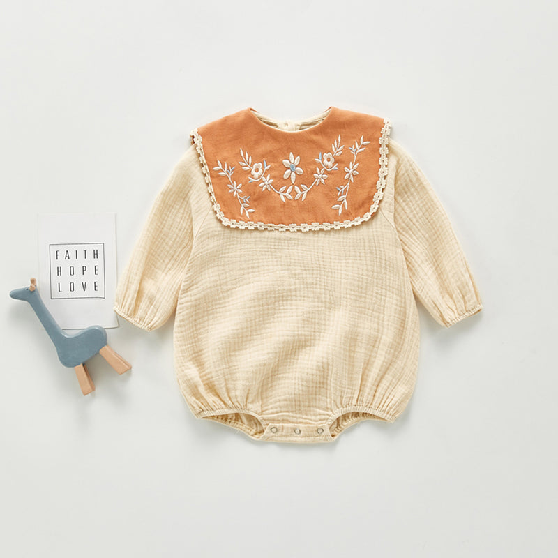 Autumn Rompers Long-Sleeve Jumpsuit Embroidered Square Collar Jumpsuit Pure Cotton Rompers