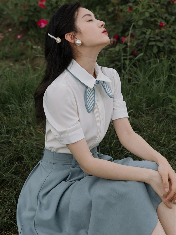 Summer White Shirt Skirt Retro Two-Piece Set 2 Pieces Set Cottagecore Academia Fashion Dresses