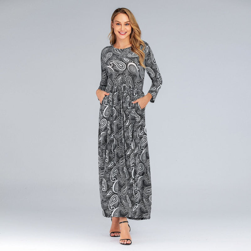 Muslim Women Stylish Kashibo Abaya Muslim Ladies Long Gown Islamic Clothing Jilbab Jalabiya Round Neck Long Sleeve Slim Fit Large Swing Dress
