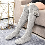 Winter Thick Knit Thigh High Socks Long Stockings Boot Knitted Long Socks Wool Ball Socks Knee Socks Solid Color