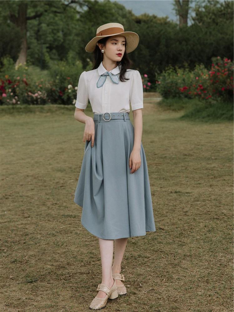 Summer White Shirt Skirt Retro Two-Piece Set 2 Pieces Set Cottagecore Academia Fashion Dresses