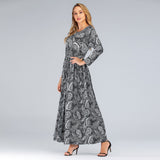 Muslim Women Stylish Kashibo Abaya Muslim Ladies Long Gown Islamic Clothing Jilbab Jalabiya Round Neck Long Sleeve Slim Fit Large Swing Dress