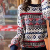 Fair Isle Sweater Cottagecore Outfits for Women Fairisland Jacquard Wool Sweater Women's round Neck Thickened Sweater Puff Sleeve Sweater