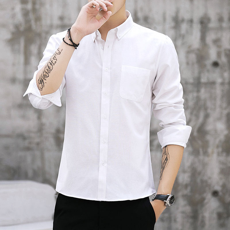 White Work Shirts Men's Casual Long-Sleeved Business Slim-Fit Pocket Shirt