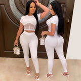 See through Pants Suit Fashion Sexy Pure Color Mesh See-through Two-Piece Set for Women