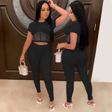See through Pants Suit Fashion Sexy Pure Color Mesh See-through Two-Piece Set for Women