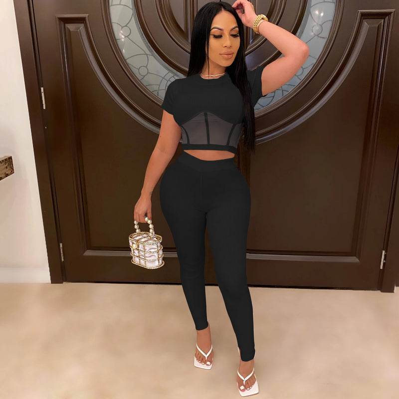 See through Pants Suit Fashion Sexy Pure Color Mesh See-through Two-Piece Set for Women