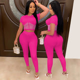 See through Pants Suit Fashion Sexy Pure Color Mesh See-through Two-Piece Set for Women