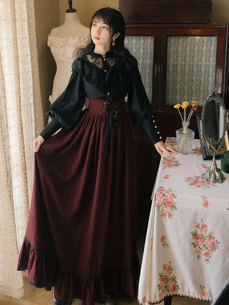 Puff Sleeve Shirt with High Waist Skirt Two-Piece Black Retro Dress Retro Vintage Cottagecore Aesthetic Flowy Victoria Cottage Core Dress