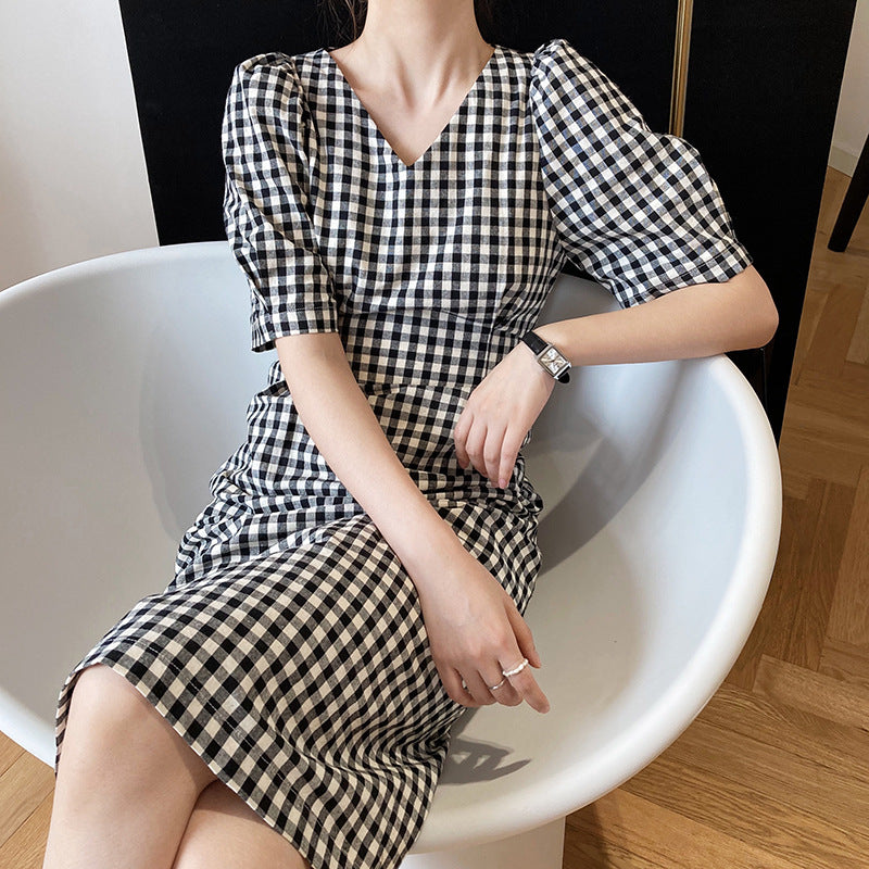 Gingham Dress Vintage Black and White Plaid Dress for Women Young Temperament Dress