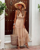 Bohemian Coachella Outfits Sexy Deep V Sleeveless Chiffon Dress Stitching Midi Dress