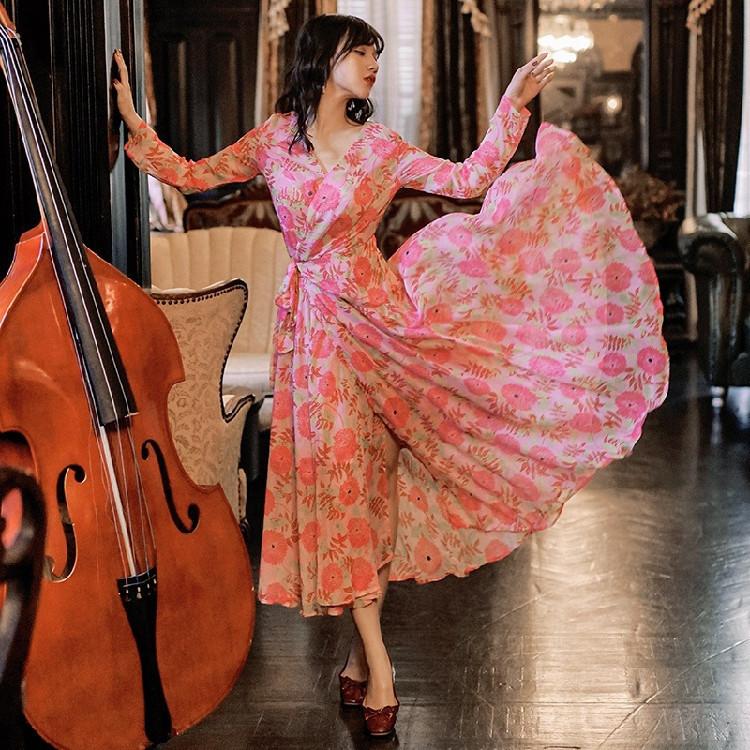 Pink V-neck Floral Chiffon Dress Women's Autumn Holiday Dress Pink Bohemia Retro Vintage Cottagecore Aesthetic Flowy Victoria Cottage Core Boho Dress