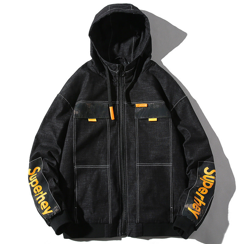 Denim Varsity Jacket Autumn Hooded Denim Jacket Men's Fashionable Printed Letter Men's Workwear Jacket