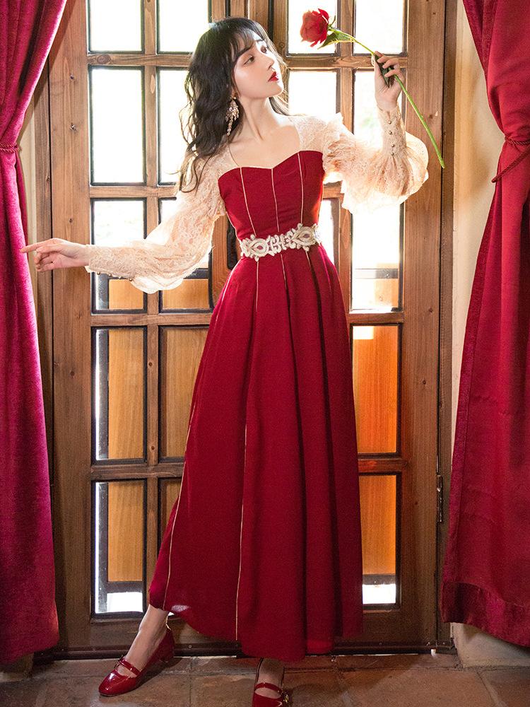Retro Waist Dress Long Dress Red Retro Vintage Cottagecore Aesthetic Flowy Victoria cottage core Dress