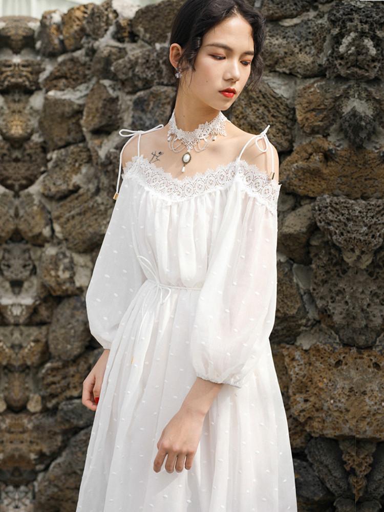 Spring Embroidery Suspender Dress White Lace Irregular Long Dress  Bohemia Retro Vintage Cottagecore Aesthetic Flowy Victoria Cottage Core Boho Dress