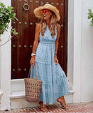 Bohemian Coachella Outfits Sexy Deep V Sleeveless Chiffon Dress Stitching Midi Dress