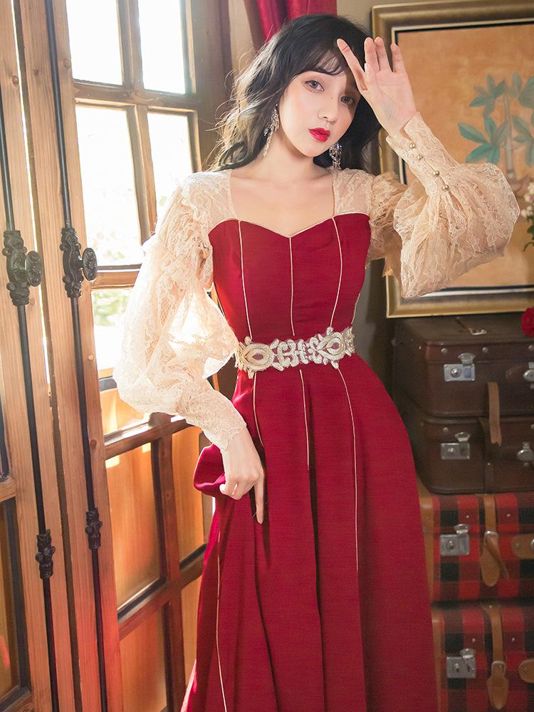 Retro Waist Dress Long Dress Red Retro Vintage Cottagecore Aesthetic Flowy Victoria cottage core Dress